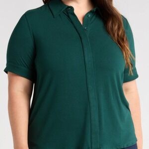 Universal Standard Chelsea Short Sleeve Jersey Button Up Shirt Sz M 18-20 Green